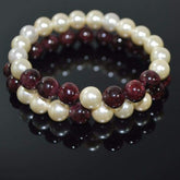 Red Garnett and Cream Shell Pearls Double Strands Bracelets - FashionByTeresa